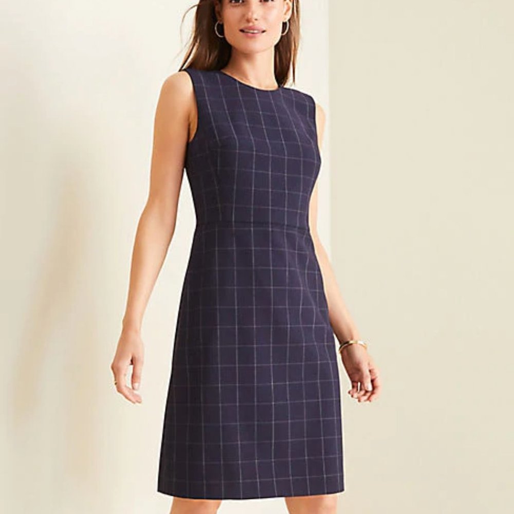 Petite Sheath Dress In Navy Windowpane Bi-Stretch